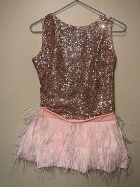 Girls Rose Gold Sequin & Pink Feather Dance Dress